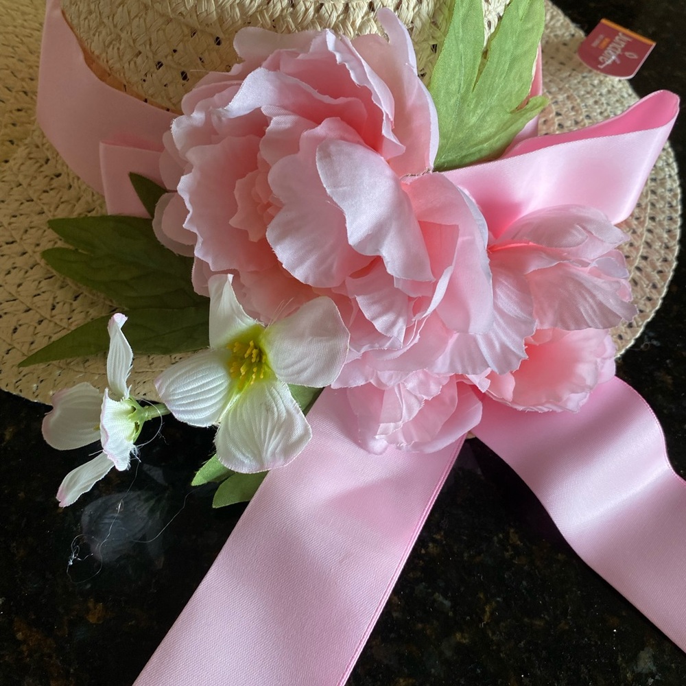 Women’s white Straw Hat with Pink Floral Ribbon Easter Spring